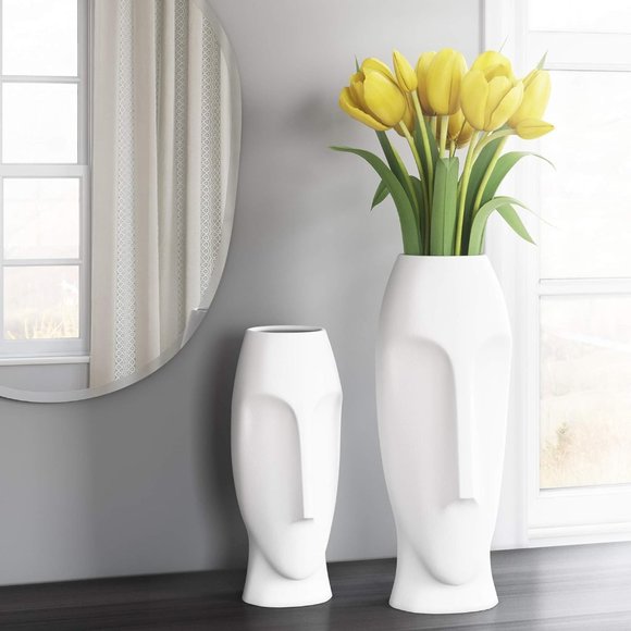 Howard Elliott Matte White Abstract Faces Ceramic Floor Vase Set Home Decor - Picture 7 of 8